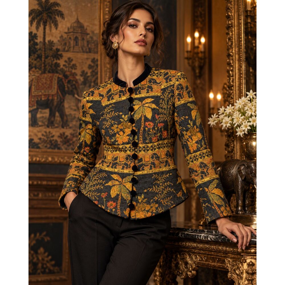 Kamara Maroti Ildiko Vintage Tapestry Jacket Elephant Floral Velvet Trim